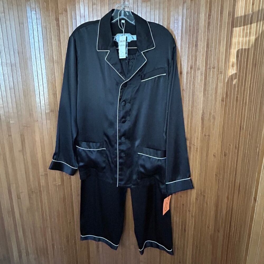 Elle Silk Black 100% Silk Pajama Set Long Sleeve Luxury Small S